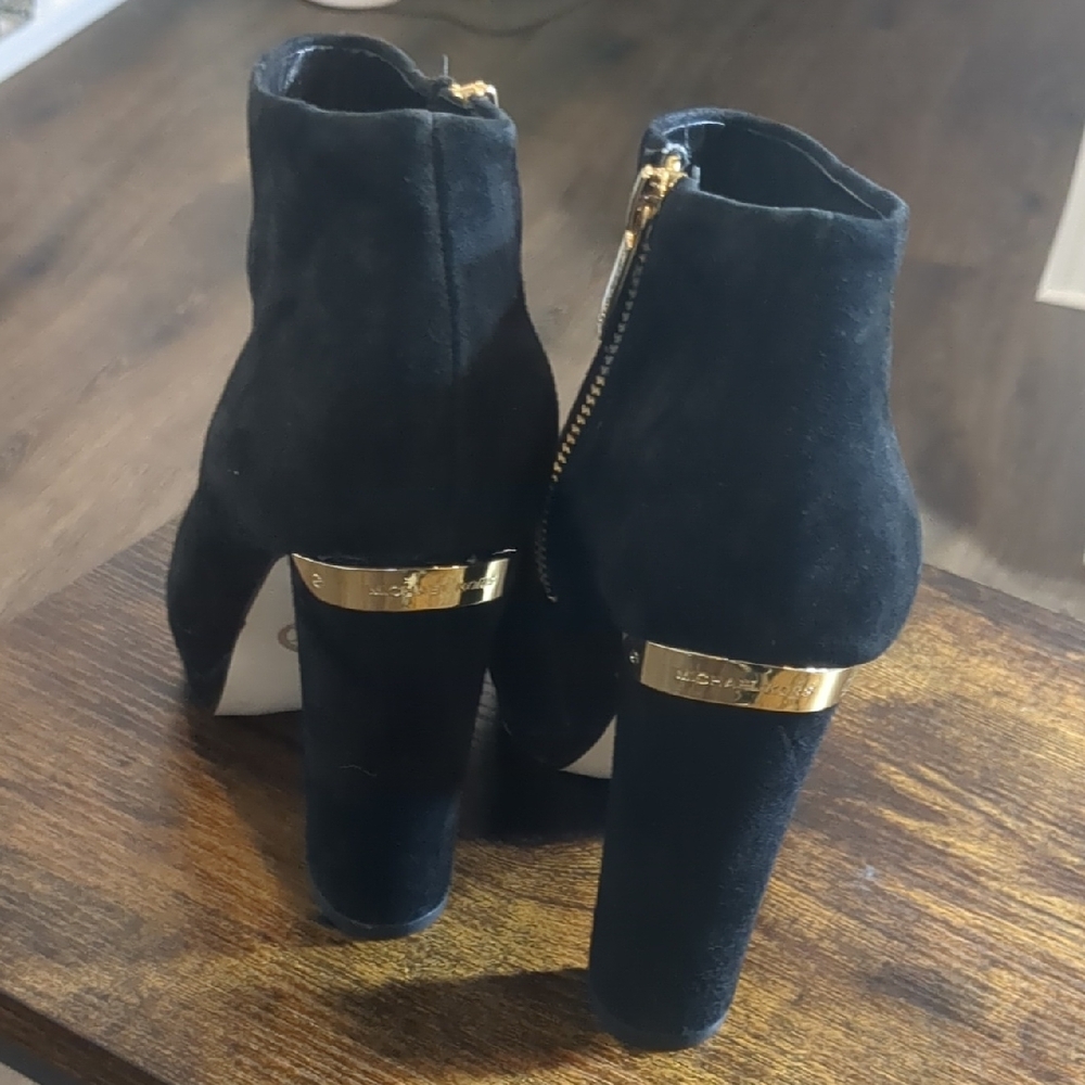 Michael Kors Black Suede Haven Platform Ankle Booties with Gold Accents - Picture 6 of 17